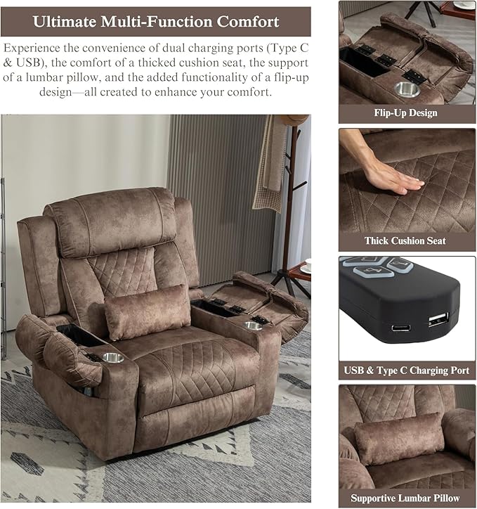 Big Man Power Lift Recliner for Elderly Adults 28 Inch Wide Seat, Lay Flat Lift Chair with Heat Massage, Arm Storage Cup Holders, USB Type C Charging, Oversized Recliner 400 lbs