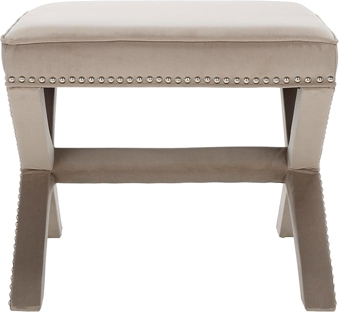 SAFAVIEH Home Collection Palmer Mushroom Taupe with Silver Nailhead Trim X-Bench Ottoman Foot Stool, Fully Assembled (MCR4589V)