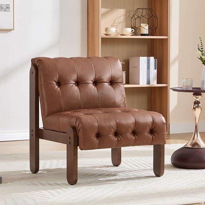 HEAH-YO Accent Chair Set of 1,Modern Vintage Living Room Chair for Bedroom with Button Tufted Back and Wood Legs,Upholstered Comfy Reading Chair for Makeup Vanity Cafe,PU Brown