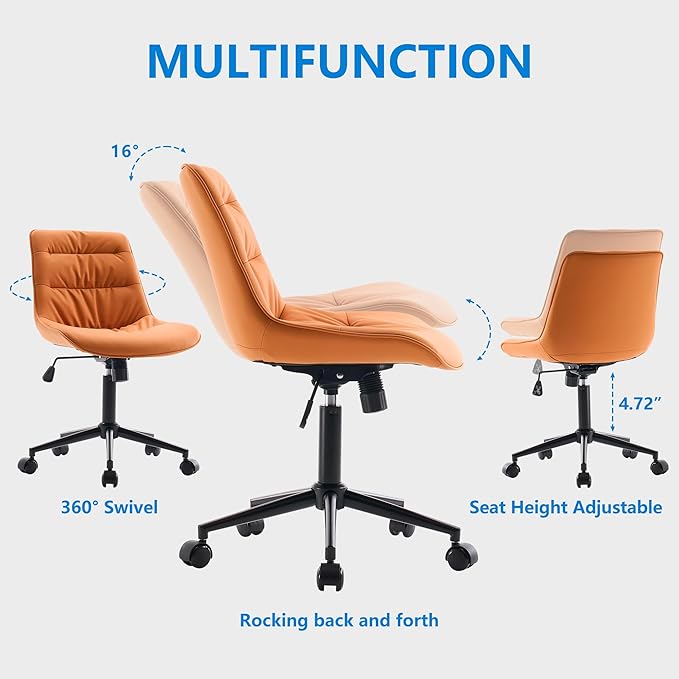 Rowill Leather Office Chair,Ergonomic Armless Desk Chair with Waterproof Cushion & Slient Wheels & SGS-Certified Class 3 Explosion-Proof Gas Lift,Ideal for Home Office,Study,Vanity(Brunt Orange)