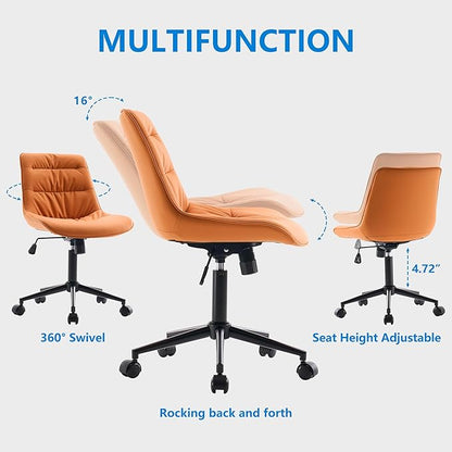 Rowill Leather Office Chair,Ergonomic Armless Desk Chair with Waterproof Cushion & Slient Wheels & SGS-Certified Class 3 Explosion-Proof Gas Lift,Ideal for Home Office,Study,Vanity(Brunt Orange)