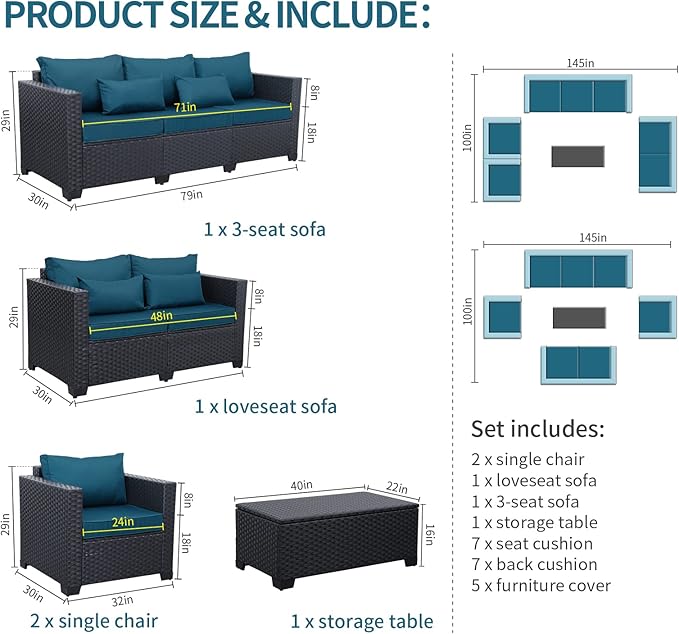 Rattaner Patio Furniture Set 5 Pieces Outdoor Furniture Sets Patio Couch Outdoor Chairs Coffee Table Peacock Blue Anti-Slip Cushions and Waterproof Covers