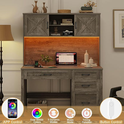 Farmhouse 67" H Executive Desk with Hutch,Office Desk with 4 Drawers and LED light, Wood Workstation for Home Office and Study, Computer Desk with Storage Cabinet,File Drawers, Charging Station.Gray