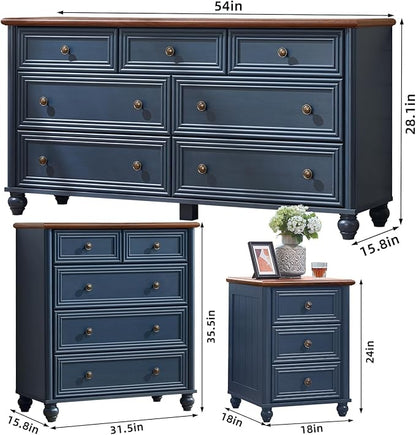 Farmhouse Dresser and Nightstand Sets 4 Piece, Wooden 7 Drawer Dresser & 35" Tall Chest of Drawers, 18" Roman Column Nightstand Set of 2, Bedroom Furniture Dressers Sets for Home Living Room