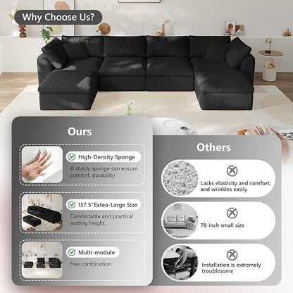 138" Boneless Cloud Couch Modular Sectional Sofa with Deep Seat for Living Room, L Shape Couch with Ottoman, Snowflake Cloth and 40D Memory Sponge，2 Throw Pillows (Black, 4 Seater+2 Ottoman)