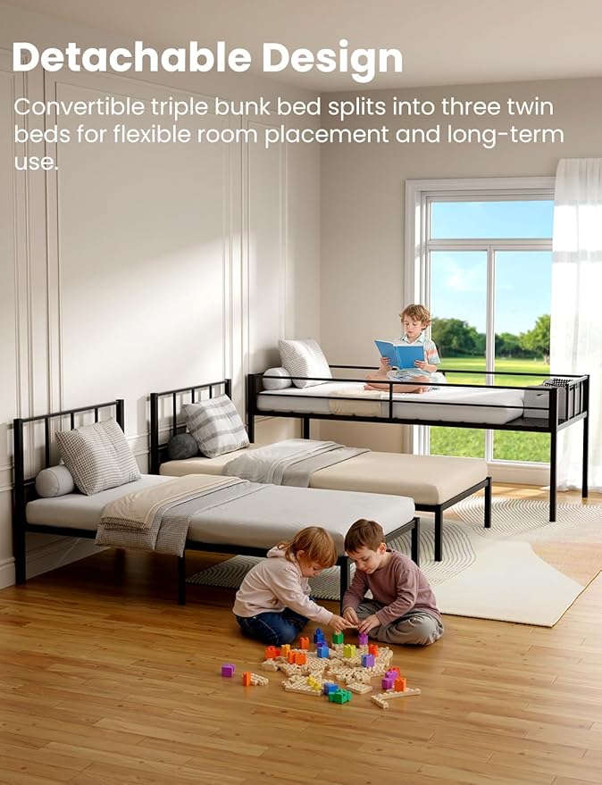 Heavy Duty Triple Bunk Bed, Twin Over Twin Over Twin with Guardrails and Ladder, Metal Bunk Bed for 3, 3 Bed Teens and Adults, No Box Spring Needed, Black