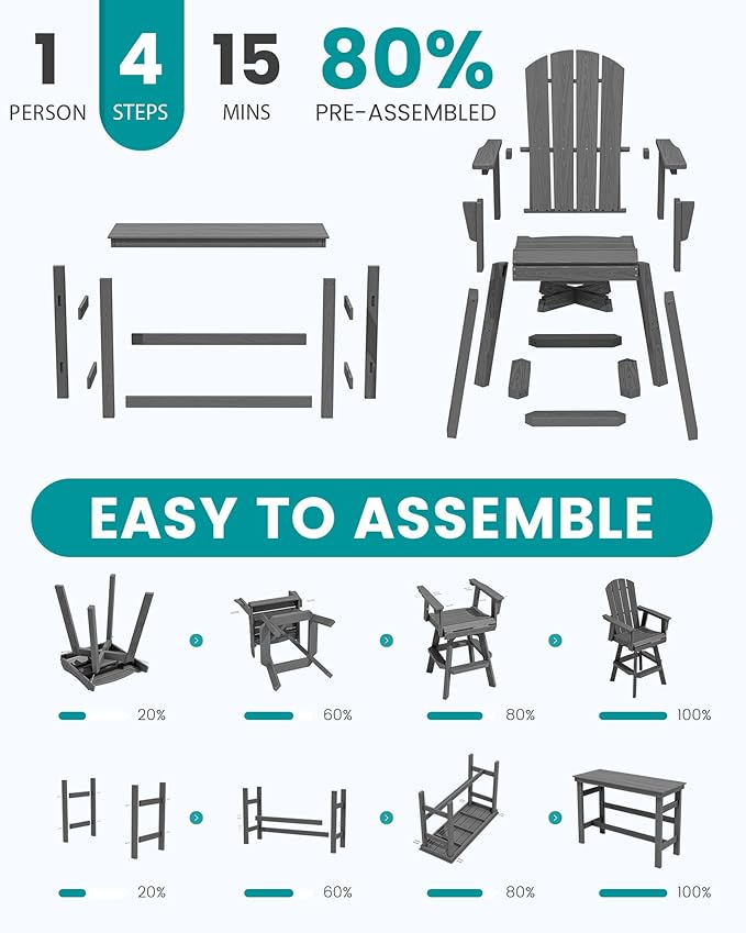 SERWALL 3-Piece Swivel Adirondack Bar Set, HDPE Swivel Bar Height Chairs Set of 2 with Bar Table, All-Weather Outdoor Barstools for Patio, Poolside, Garden, Grey