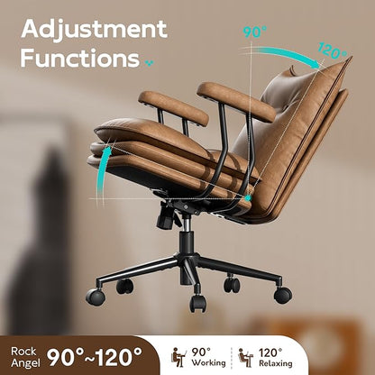 Brown Leather Office Chair with Wheels, Triple-Layers Thicken Wide Seat Height Adjustable, Mid-Century Modern Comfy Desk Chair for Home, Office