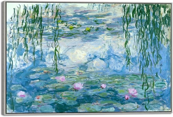 Wieco Art Extra Large Silver Framed Canvas Print Water Lilies by Claude Monet Paintings Reproduction Modern Canvas Wall Art for Home and Office Decoration Abstract Artwork