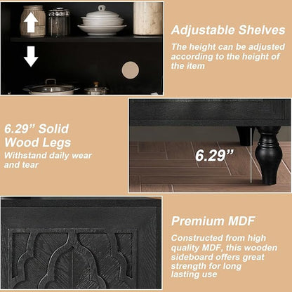 Sideboard Buffet Credenzas for Living Room, 63" Antique Black Entryway Table with Storage Accent Cabinet, Carved Flowers Doors & Wire Holes