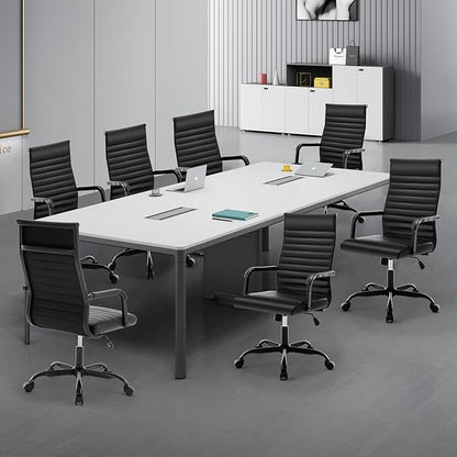 Office Chair, Ergonomic Executive Conference Room Chairs, Ribbed Leather Desk Chair with Lumbar Support, Adjustable Height Mid-Back Swivel Chair with Padded Seat and Square Tube Armrests