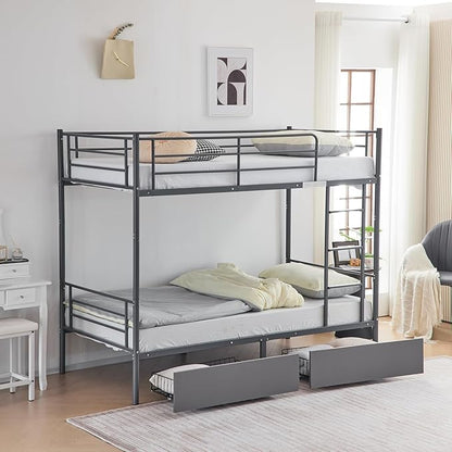 Karl home Grey Bunk Bed Twin Over Twin with 2 Storage Drawers, Metal Bunk Bed with Built-in Ladder and Safety Guardrail, Space-Saving Twin Bunk Beds for Kids, Teens & Adults, No Box Spring Needed