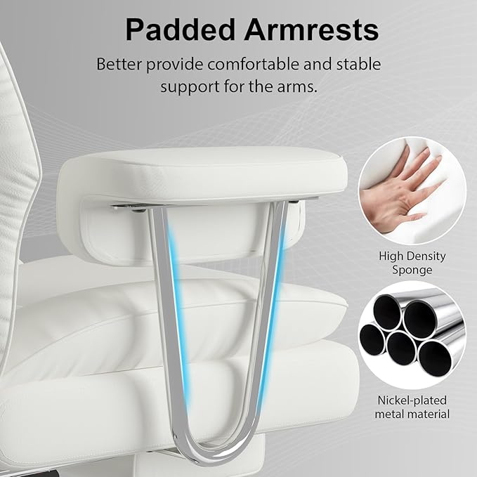 Big and Tall Office Chair, Executive Home Office Desk Chair, Comfy Leather High-Back Reclining Computer Chair with Retractable Footrest and Padded Arms, 360°Swivel Rolling Wheels, Wide Seat, White