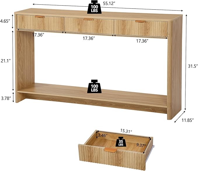 Entryway Table with Storage, Narrow Console Table with 3 Drawers, 55.12' Couch Table Behind Sofa Long for Living Room TV, Hallway Entrance Foyer, Mid Century Modern Boho Fluted Console Table