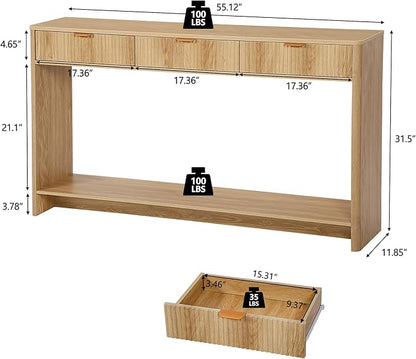 Entryway Table with Storage, Narrow Console Table with 3 Drawers, 55.12' Couch Table Behind Sofa Long for Living Room TV, Hallway Entrance Foyer, Mid Century Modern Boho Fluted Console Table
