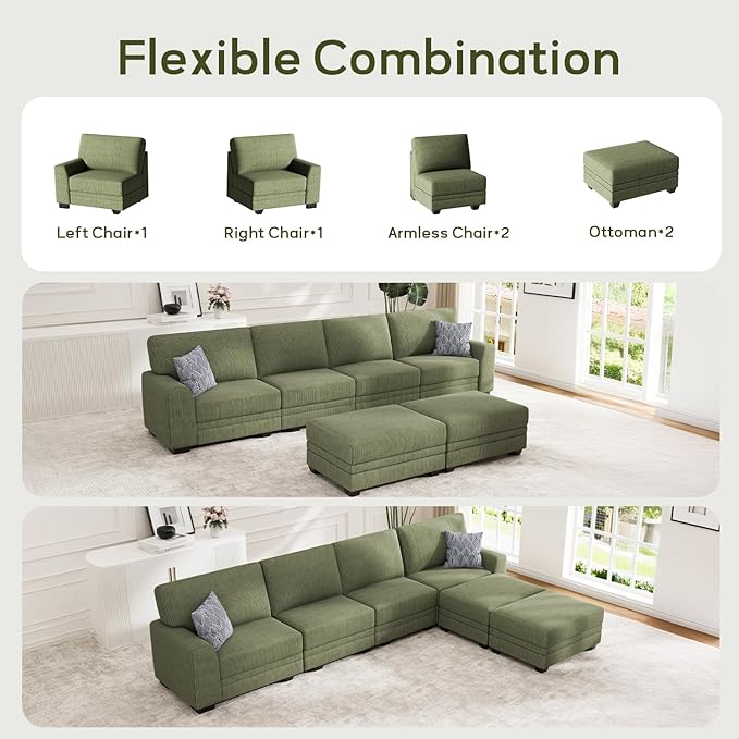 Wanderwell Oversized Modular Sectional Sofa, 6-Seater U Shaped Couches with Movable Ottoman,Corduroy Sectional Couch with Wide and Deep Seats Suitable for Living Room,Bedroom,Apartment (Olive, U-6)