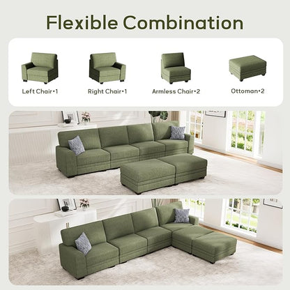Wanderwell Oversized Modular Sectional Sofa, 6-Seater U Shaped Couches with Movable Ottoman,Corduroy Sectional Couch with Wide and Deep Seats Suitable for Living Room,Bedroom,Apartment (Olive, U-6)