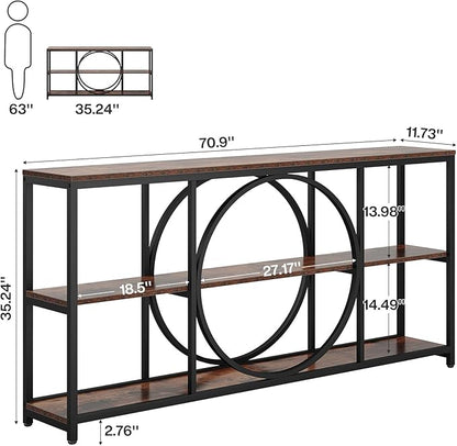 Tribesigns Extra Long Console Table, 70.9 inch Narrow Sofa Tables with 3 Tier Wood Storage Shelves Industrial Metal Frame for Entryway Hallway Living Room Behind Couch, Rustic Brown Black