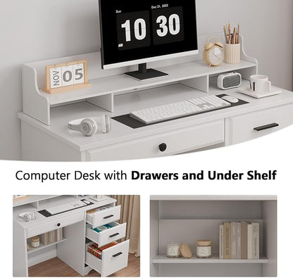 4 EVER WINNER White Desk with Drawers, Small Desk with File Drawer for Small Spaces, Writing Desk with Monitor Stand Wood Table for Study Home Office, White