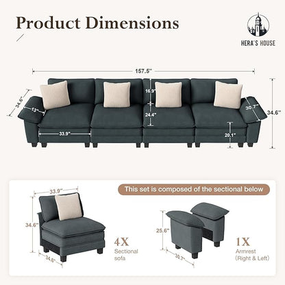 HERA'S HOUSE 158" Modular Sectional Sofa, Oversized Couches for Living Room, Comfy Cloud Couch 4-Seater Deep Seat Sofa with Throw Pillow, Chenille Blue