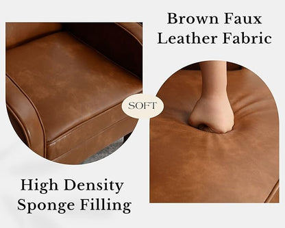 Brown Faux Leather Accent Chairs Set of 2, Mid Century Modern Upholstered Arm Chairs with Wooden Legs, Comfy Reception Office Club Reading Side Lounge Chair for Living Room Bedroom