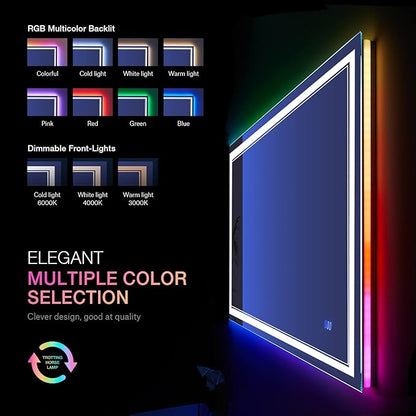 40x30 Inch RGB LED Bathroom Mirror with Lights, Color Changing RGB Backlit LED Mirror for Bathroom,Lighted Vanity Mirrors for Bathroom Wall, Dimmable, Anti-Fog (RGB Backlit+Front-Lit)