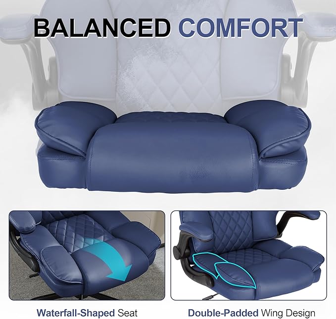 Office Desk Chair,Mid Back Executive Leather Chair,Ergonomic Home Computer Chair,Modern Conference Room Chairs with Adjustable Flip-Up Arms and Rocking Function (Navy Blue)