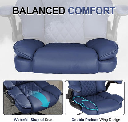 Office Desk Chair,Mid Back Executive Leather Chair,Ergonomic Home Computer Chair,Modern Conference Room Chairs with Adjustable Flip-Up Arms and Rocking Function (Navy Blue)