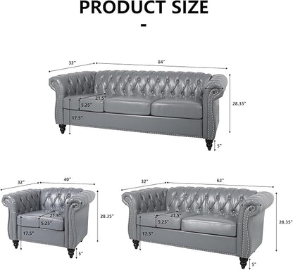2 Piece Living Room Sofa Set, 3 Seater Faux Leather Sofa Couch and Chair Set, Mid Century Modern Upholstered Couch with Cushions, Vintage Comfy Tufted Chesterfield Couches for Bedroom, Office (Grey)