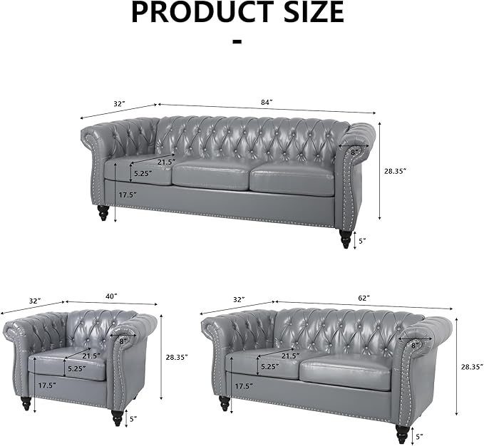 2 Piece Living Room Furniture Set, Faux Leather Loveseat and Chair Set, Mid Century Modern Upholstered Sofa Couch with Cushions, Vintage Comfy Tufted Chesterfield Couches for Bedroom, Office (Grey)