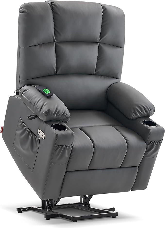 MCombo Large Dual Motor Power Lift Recliner Chair for Elderly, Massage and Heat, Lay Flat, Zero Gravity, Home Button, USB Port, Faux Leather 7680 (Dark Grey, Large)