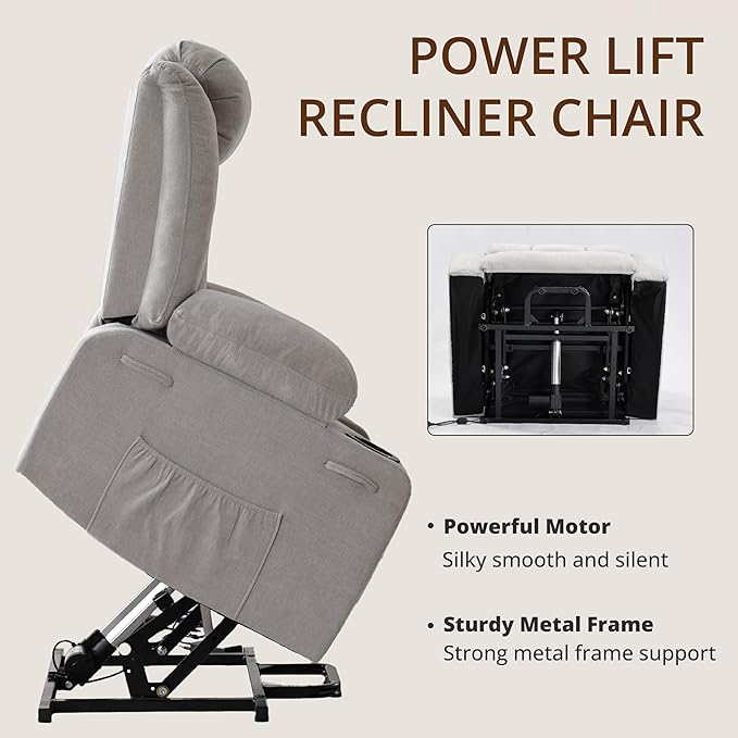 Dual Motor Power Lift Recliner for Elderly, Large Electric Lift Recliner with Massage and Heat, Cup Holders, Side Pocket, Fabric(Light Grey)