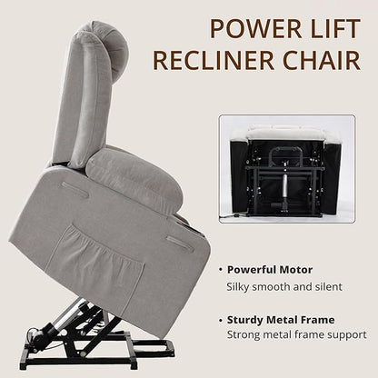 Dual Motor Power Lift Recliner for Elderly, Large Electric Lift Recliner with Massage and Heat, Cup Holders, Side Pocket, Fabric(Light Grey)