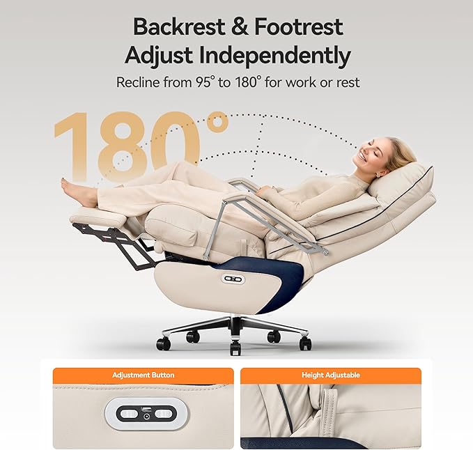 M80A Dual Motor Electric Executive Office Chair with Footrest, Comfortable Reclining Office Chair Wide Seat, Big and Tall Ergonomic Leather Home Office Desk Chair (Beige,No Massage)
