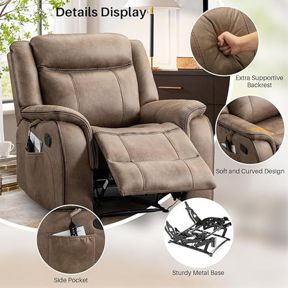 Massage Recliner Chair with Heated, Faux Leather Recliner Chairs for Adults, 39" Manual Reclining Ergonomic Lounge Chair for Living Room with Overstuffed Backrest, Side Pocket, Nut Brown