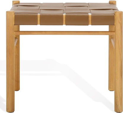 SAFAVIEH Couture Collection Devnie Brown Woven Leather & Natural Solid Wood Ottoman (Fully Assembled)