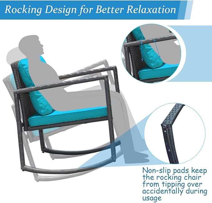 COSTWAY 3 Pieces Patio Rattan Rocking Chair Set, Outdoor Conversation Furniture Sets with Coffee Table, Storage Shelf and Cushions, Modern Bistro Set for Porch, Backyard, Garden, Turquoise