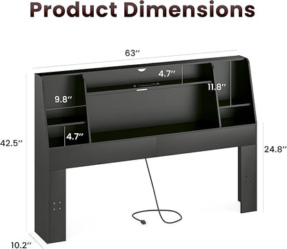 Queen/Full Headboard Queen Size with Storage, Wood Bookcase Headboard with Charging Station & 2 LED Lights, Modern Headboard Only for Queen Size Bed, Noise-Free, Sturdy and Durable, Black