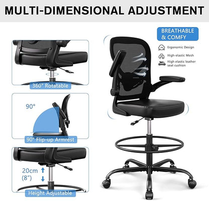 Alolo Drafting Chair,Ergonomic Tall Office Chair with Foot Rest Ring,Executive Leather Office Chair for Counter Height and Standing Desk with Lumbar Support and Flip-up Armrests for Home Office,PU.