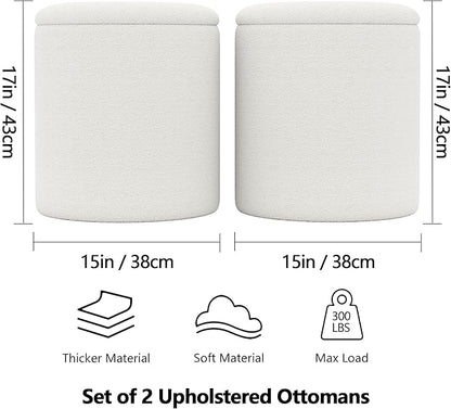 Ottoman Poufs with Storage, Set of 2 Soft Upholstered Vanity Stool,Multifunctional Ottomans Coffee Table Padded Seat Foot Rest for Living（White, Pack of 2）