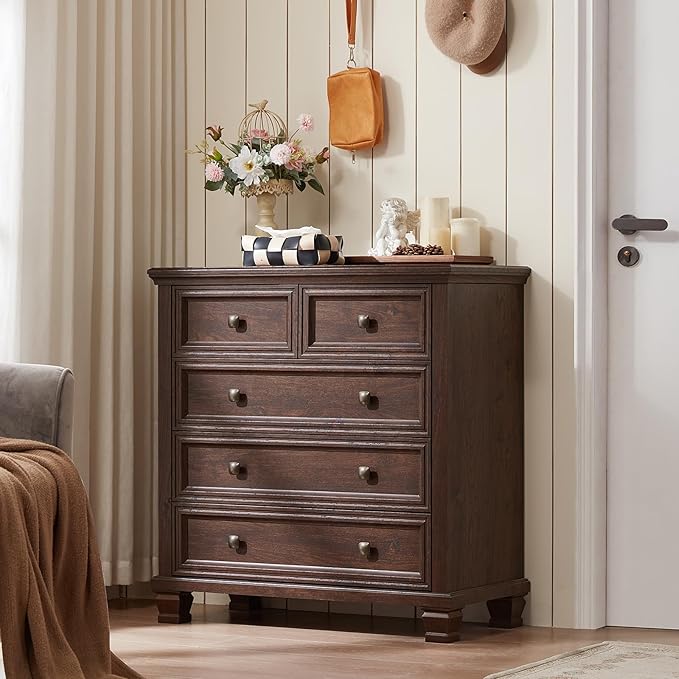 Farmhouse Bedroom Dresser and Nightstand Set of 4, 6 Drawer Tall & 5 Drawers Dresser & 2 Drawer Nightstand Set, Rustic Wood Bedroom Furniture Set for Livingroom, Hallway, Walnut