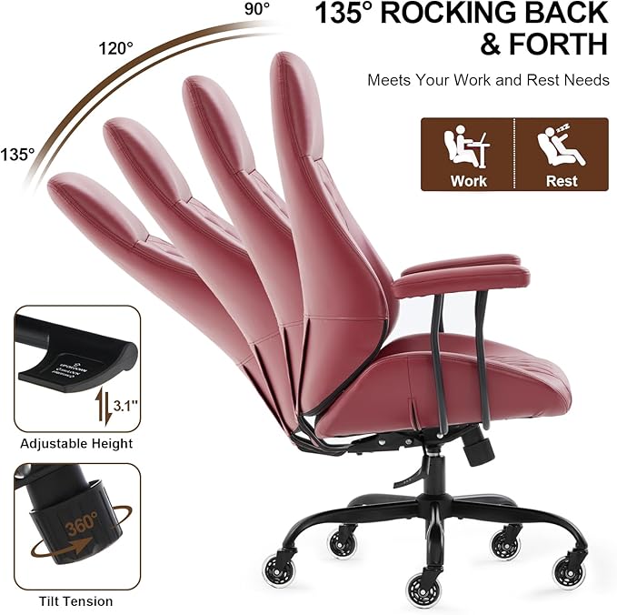 Home Office Desk Chair, Ergonomic High Back Leather Computer Chair with Lumbar Support, Adjustable Height & Recline, Swivel Executive Office Chair with Armrests and Rubber Casters, Red