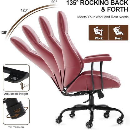 Home Office Desk Chair, Ergonomic High Back Leather Computer Chair with Lumbar Support, Adjustable Height & Recline, Swivel Executive Office Chair with Armrests and Rubber Casters, Red