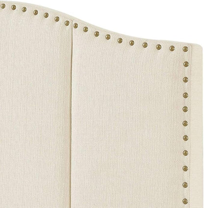 24KF Middle Century Linen Upholstered Tufted King Size Headboard with Antique Brass Nail Heads Trim King/California King headboard-Ivory