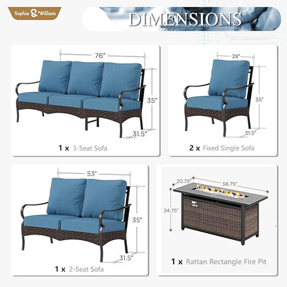 Sophia & William Patio Furniture Set with Fire Pit Table, 5 PCS Metal Outdoor Conversation Set with Fire Pit Table, 2 Sofa Chairs,1 Loveseat, 3-Seater Couch for Outdoor Seating, Backyard, Porch(Navy)