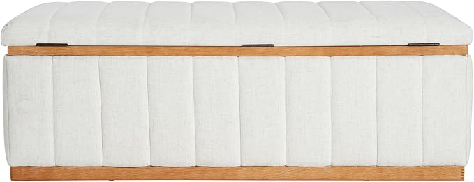 Christopher Knight Home Kira Living Room Ottoman with Storage, Linen Upholstered Storage Ottoman Bench with Channel-Tufted Design, Wood Frame Sofa Foot Stool, Bedroom End of Bed Bench, Beige