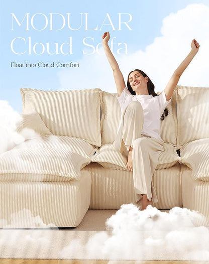 107" Comfy Cloud Couch with U-Shape Chaise & Deep Seat, Modular Sectional Sofa in a Box, Boneless Upholstered Couches for Living Room, No Assembly Required (Soft Corduroy, Beige)