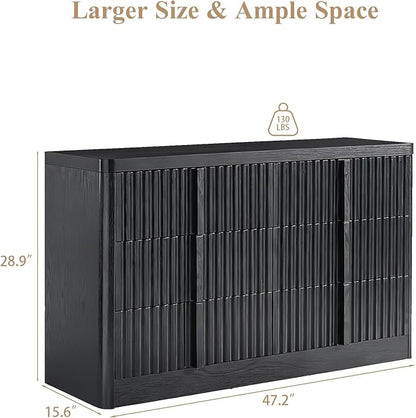 Black Fluted Dresser for Bedroom, 47" Wide 6 Drawer Dresser, Modern TV Stand Set, Curved Profile Design, Chest of Drawers with Solid Wood Handle for Living Room, Bedroom, Hallway