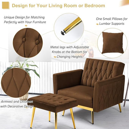 Velvet Accent Chair with Adjustable Armrests and Backrest, Button Tufted Lounge Chair, Single Recliner Armchair with Ottoman and Pillow for Living Room, Bedroom, Brown