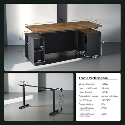 Home Office Furniture Set, 71" Electric Standing Desk with 2 Wide File Cabinet, AC/USB, Mobile File Cabinet with Lockable Wheels, Furniture Set with Multiple Functions,Black Walnut